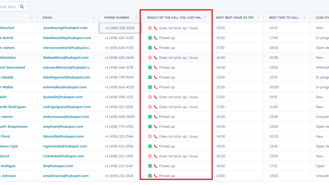 The "RESULT OF THE CALL YOU JUST MADE" column